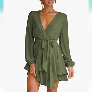 Cosonsen Dress Deep V-Neck Waist Tie Ruffle Mini Swing Skate Size M